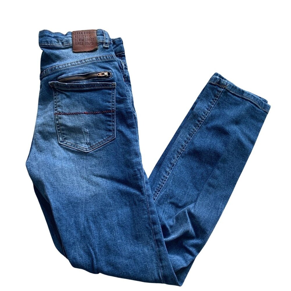 Zara Kids Authentic Denim Jeans W/ Zipper Pocket & Red Stitching Size 13/14 Blue
